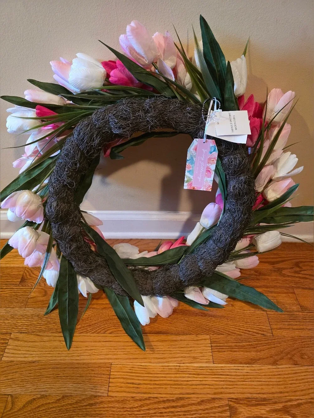 Pink & White Tulip Wreath NWT Spring Faux Florals